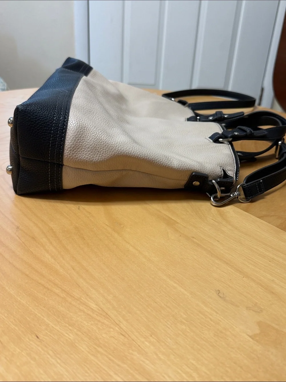 Nine West Black and Cream Two-Tone Faux Leather Pebbled Tote Bag
